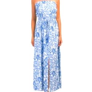 Jessica Simpson Strapless Blue & White Tribal Tie Front Maxi Dress Sz LIKE NEW
